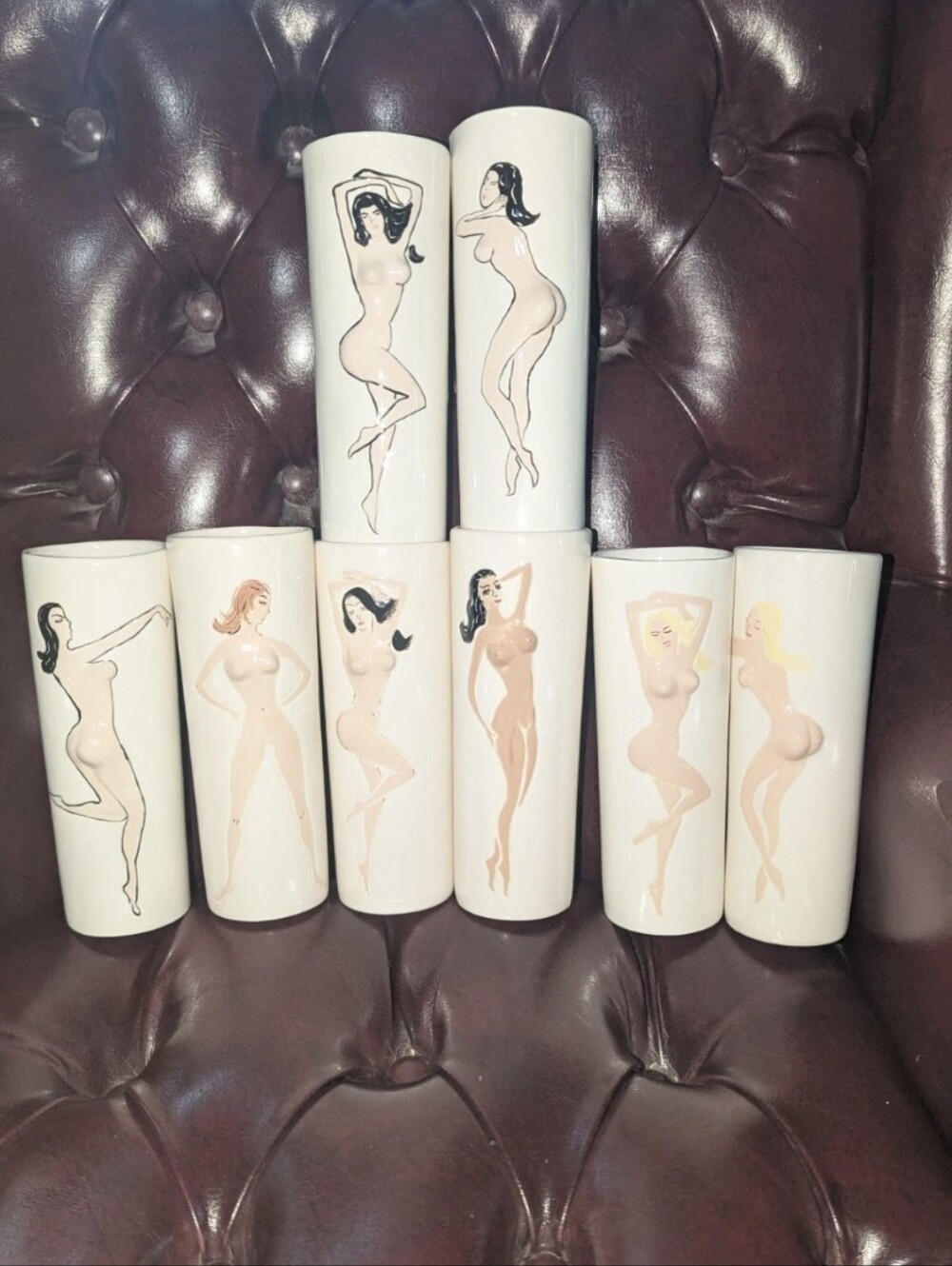 Vintage Pin-Up Nude Lady Tiki Glasses Set - White Ceramic